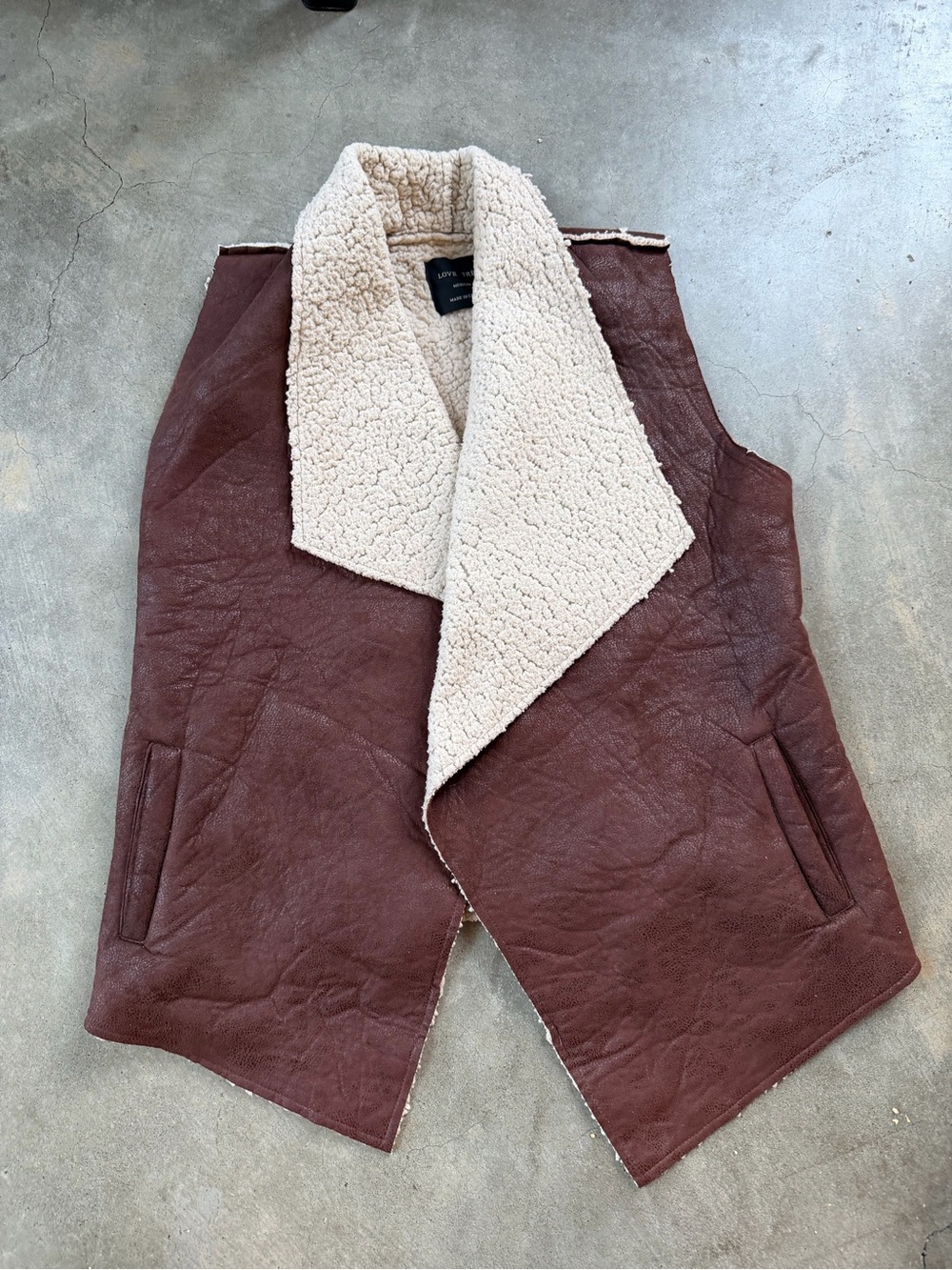 Cozy Brown Faux-Leather Vest with Cream Sherpa Lining